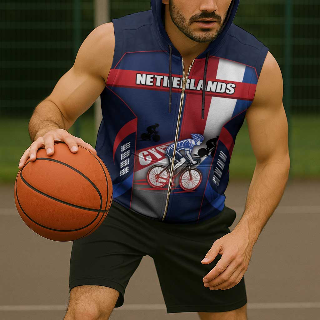 Personalized Netherlands Cycling Sleeveless Zip Hoodie Sporty Style Navy - Wonder Print Shop