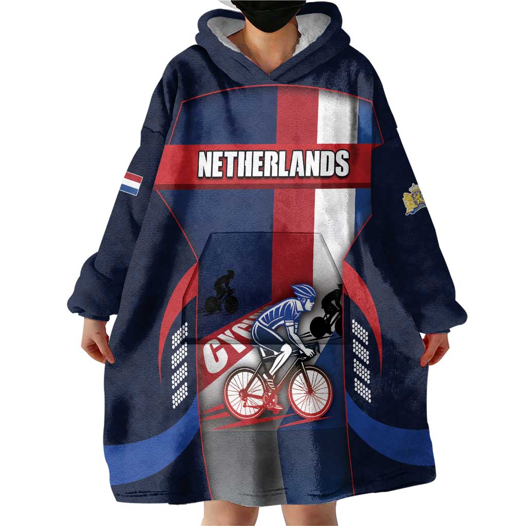 Personalized Netherlands Cycling Wearable Blanket Hoodie Sporty Style Navy - Wonder Print Shop