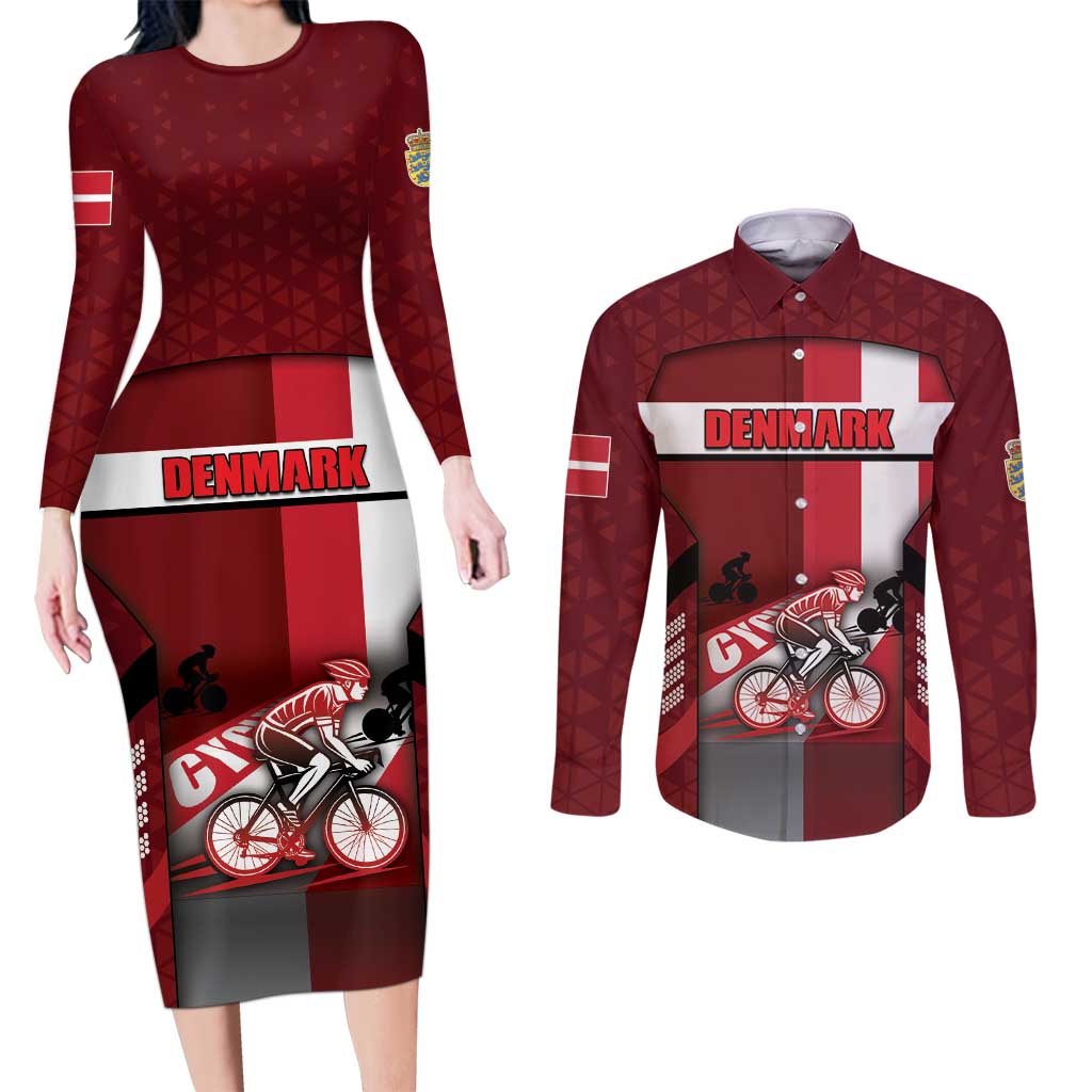 Personalized Denmark Cycling Couples Matching Long Sleeve Bodycon Dress and Long Sleeve Button Shirt Sporty Style Red - Wonder Print Shop
