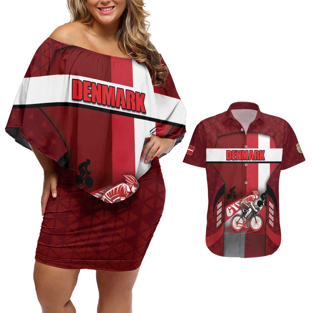 Personalized Denmark Cycling Couples Matching Off Shoulder Short Dress and Hawaiian Shirt Sporty Style Red - Wonder Print Shop