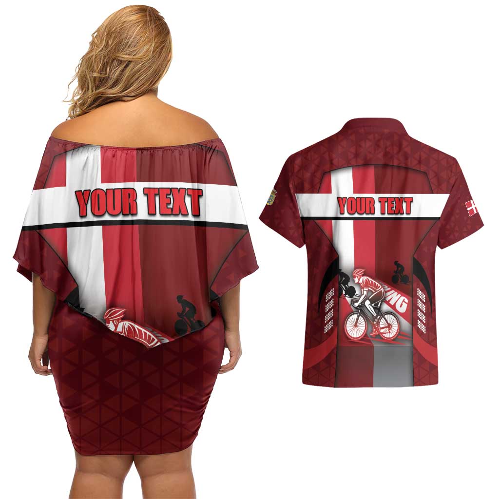 Personalized Denmark Cycling Couples Matching Off Shoulder Short Dress and Hawaiian Shirt Sporty Style Red - Wonder Print Shop