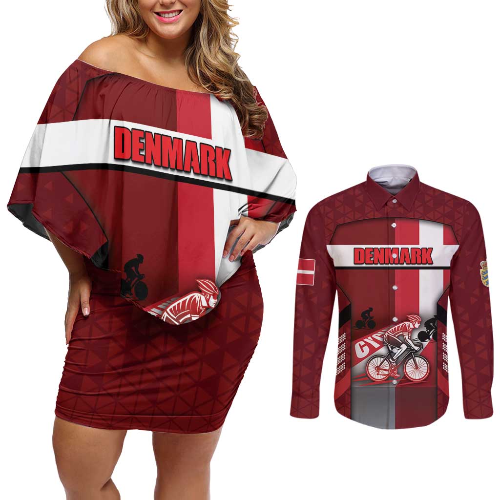 Personalized Denmark Cycling Couples Matching Off Shoulder Short Dress and Long Sleeve Button Shirt Sporty Style Red - Wonder Print Shop