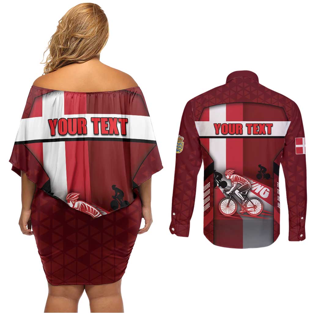 Personalized Denmark Cycling Couples Matching Off Shoulder Short Dress and Long Sleeve Button Shirt Sporty Style Red - Wonder Print Shop