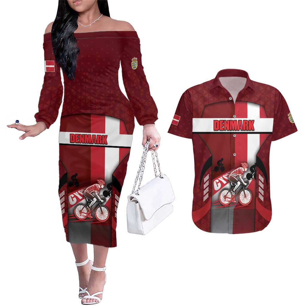Personalized Denmark Cycling Couples Matching Off The Shoulder Long Sleeve Dress and Hawaiian Shirt Sporty Style Red - Wonder Print Shop