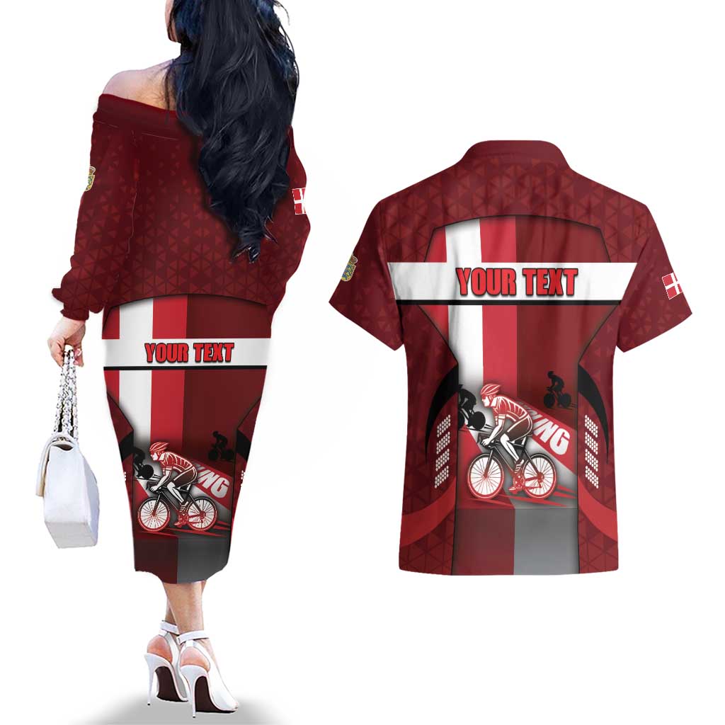 Personalized Denmark Cycling Couples Matching Off The Shoulder Long Sleeve Dress and Hawaiian Shirt Sporty Style Red - Wonder Print Shop
