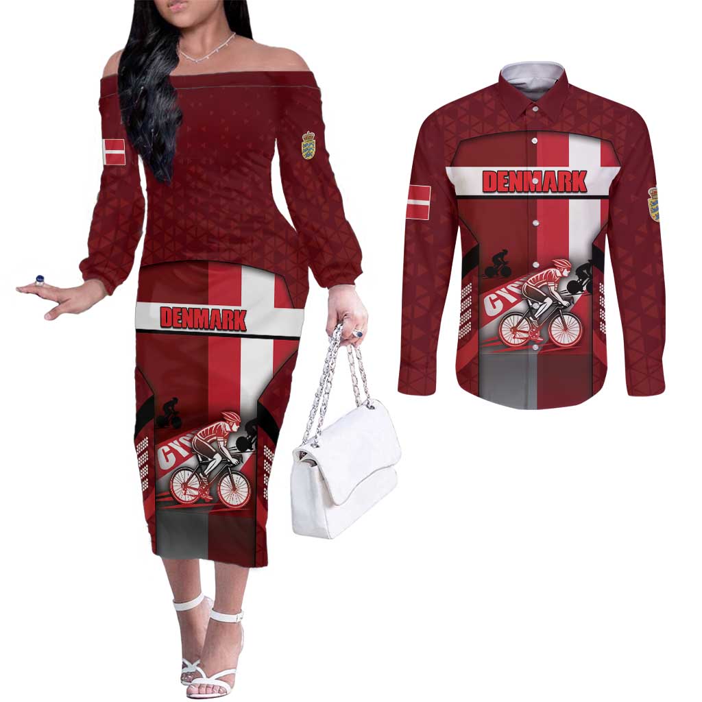 Personalized Denmark Cycling Couples Matching Off The Shoulder Long Sleeve Dress and Long Sleeve Button Shirt Sporty Style Red - Wonder Print Shop