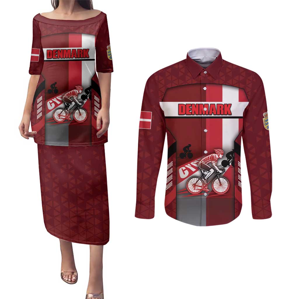 Personalized Denmark Cycling Couples Matching Puletasi and Long Sleeve Button Shirt Sporty Style Red - Wonder Print Shop