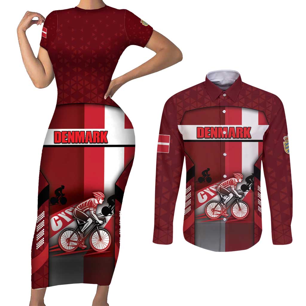 Personalized Denmark Cycling Couples Matching Short Sleeve Bodycon Dress and Long Sleeve Button Shirt Sporty Style Red - Wonder Print Shop