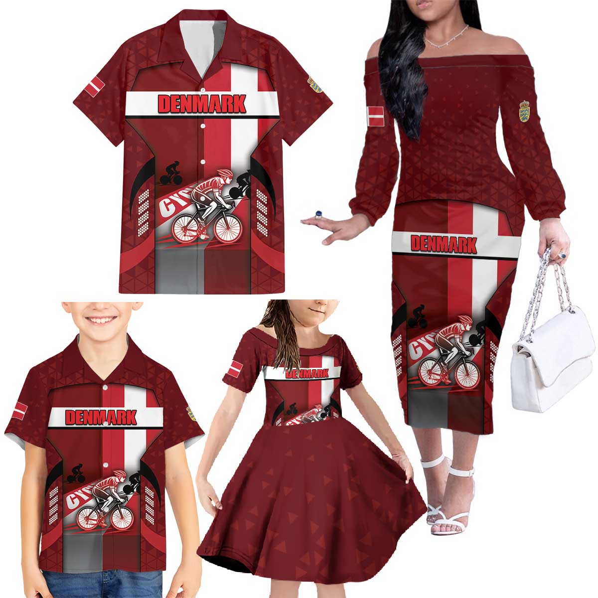 Personalized Denmark Cycling Family Matching Off The Shoulder Long Sleeve Dress and Hawaiian Shirt Sporty Style Red - Wonder Print Shop