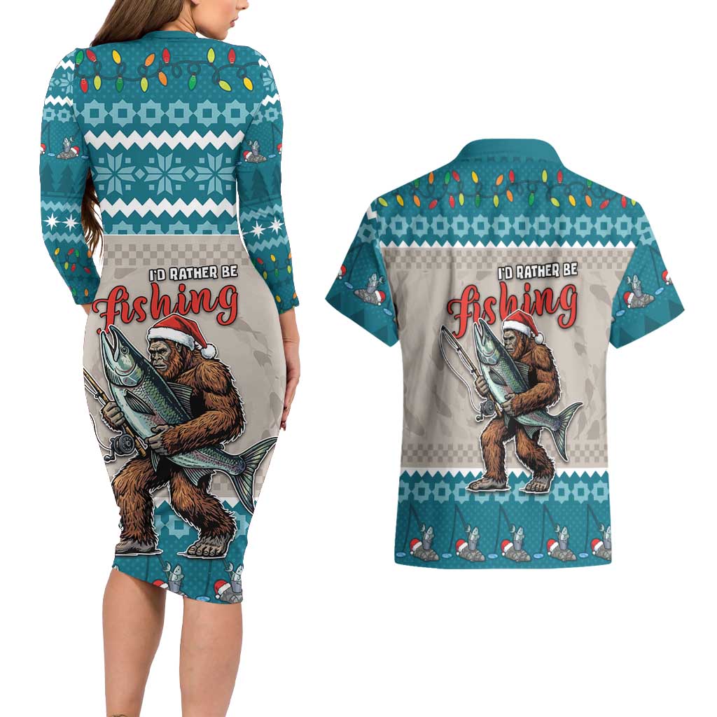 Bigfoot Fishing Christmas Couples Matching Long Sleeve Bodycon Dress and Hawaiian Shirt Funny Style - Wonder Print Shop