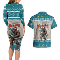 Bigfoot Fishing Christmas Couples Matching Long Sleeve Bodycon Dress and Hawaiian Shirt Funny Style - Wonder Print Shop