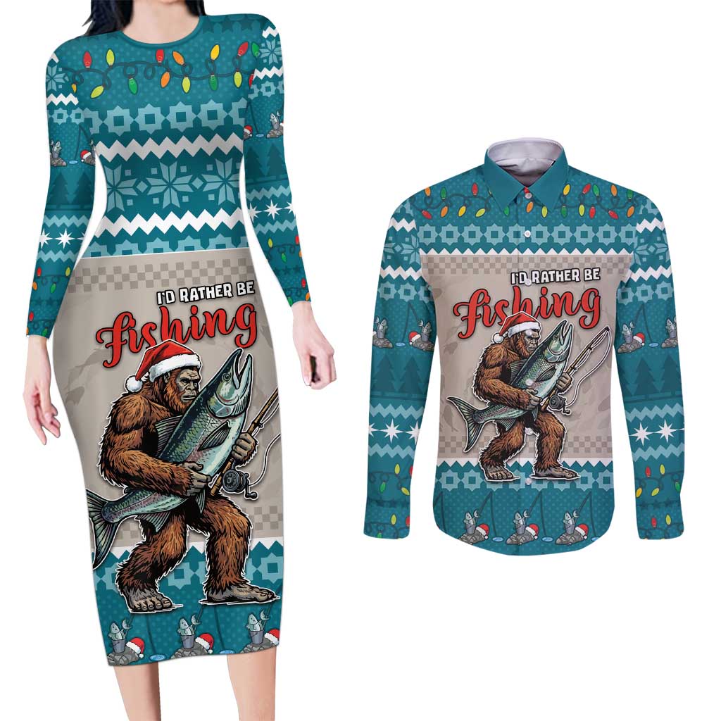 Bigfoot Fishing Christmas Couples Matching Long Sleeve Bodycon Dress and Long Sleeve Button Shirt Funny Style - Wonder Print Shop