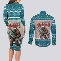 Bigfoot Fishing Christmas Couples Matching Long Sleeve Bodycon Dress and Long Sleeve Button Shirt Funny Style - Wonder Print Shop