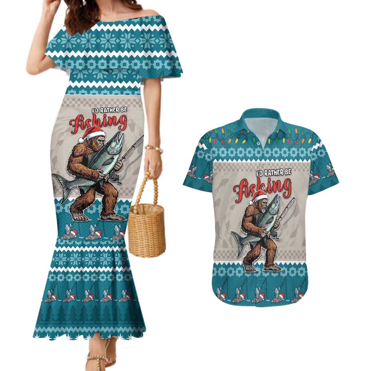 Bigfoot Fishing Christmas Couples Matching Mermaid Dress and Hawaiian Shirt Funny Style - Wonder Print Shop