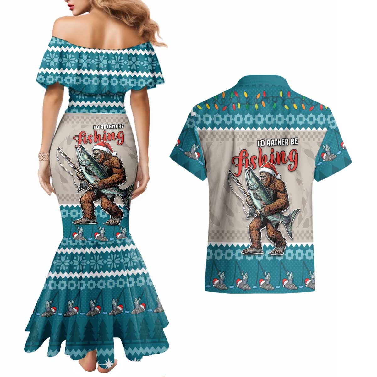 Bigfoot Fishing Christmas Couples Matching Mermaid Dress and Hawaiian Shirt Funny Style - Wonder Print Shop