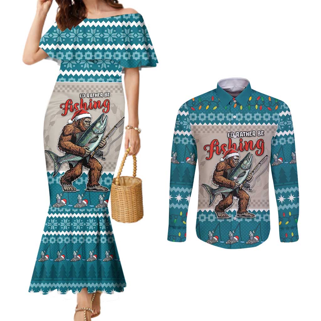 Bigfoot Fishing Christmas Couples Matching Mermaid Dress and Long Sleeve Button Shirt Funny Style - Wonder Print Shop