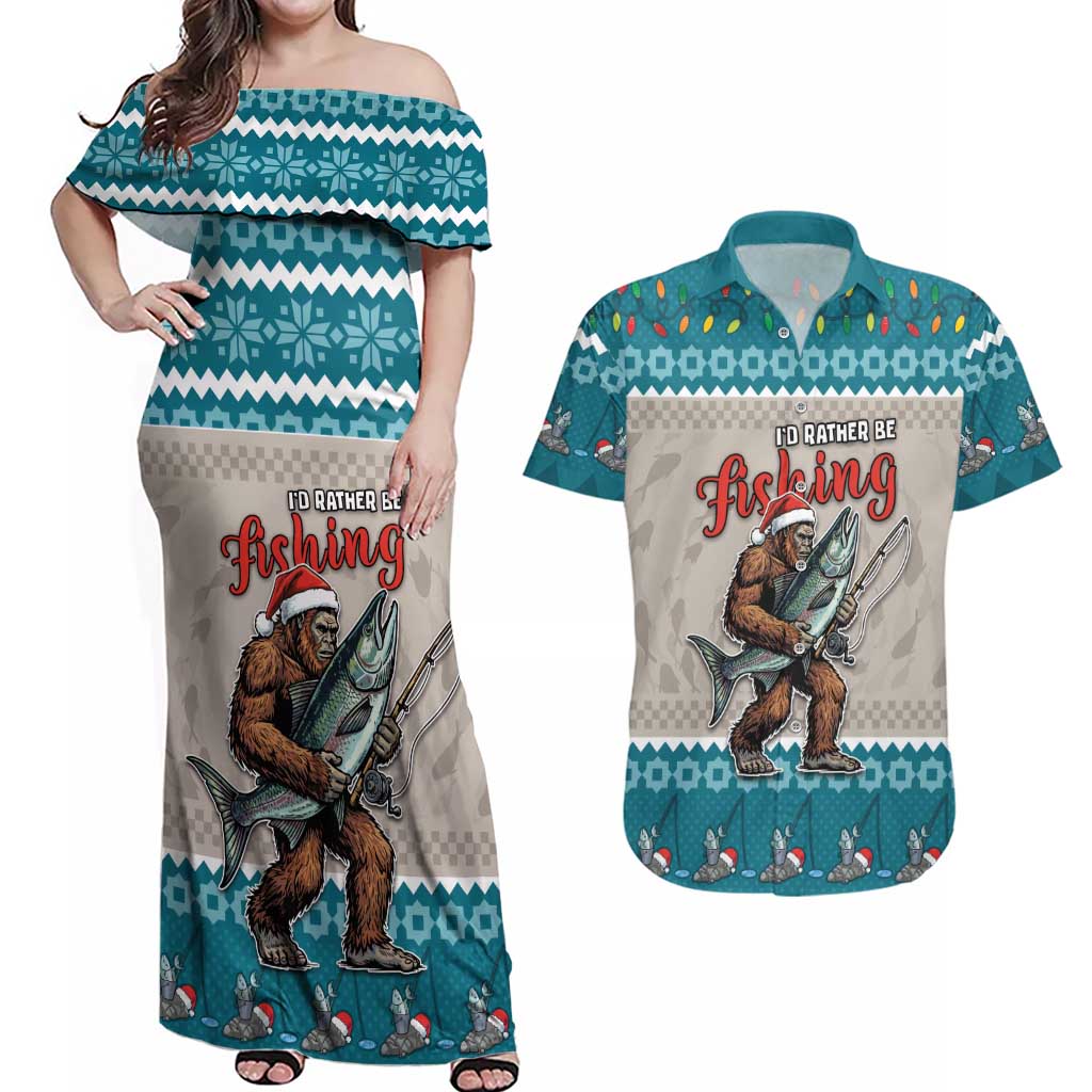 Bigfoot Fishing Christmas Couples Matching Off Shoulder Maxi Dress and Hawaiian Shirt Funny Style - Wonder Print Shop