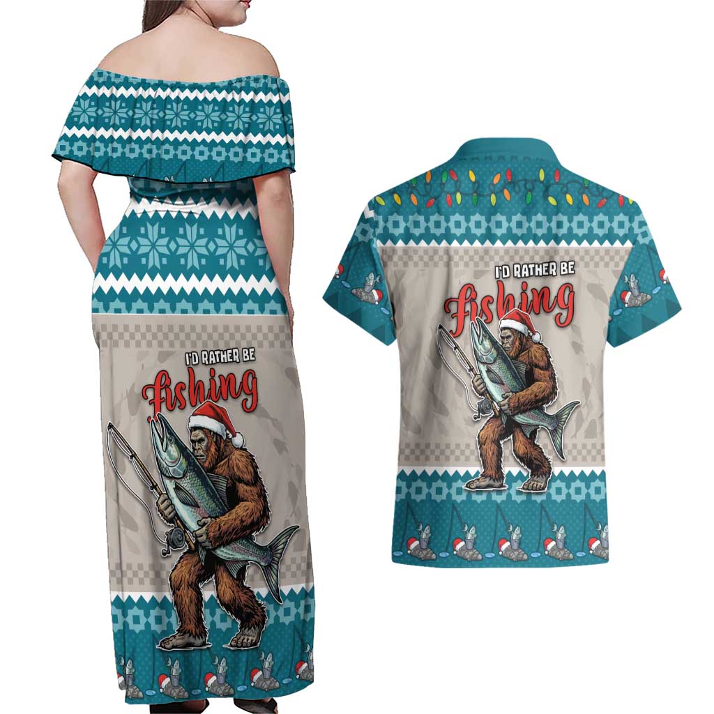 Bigfoot Fishing Christmas Couples Matching Off Shoulder Maxi Dress and Hawaiian Shirt Funny Style - Wonder Print Shop