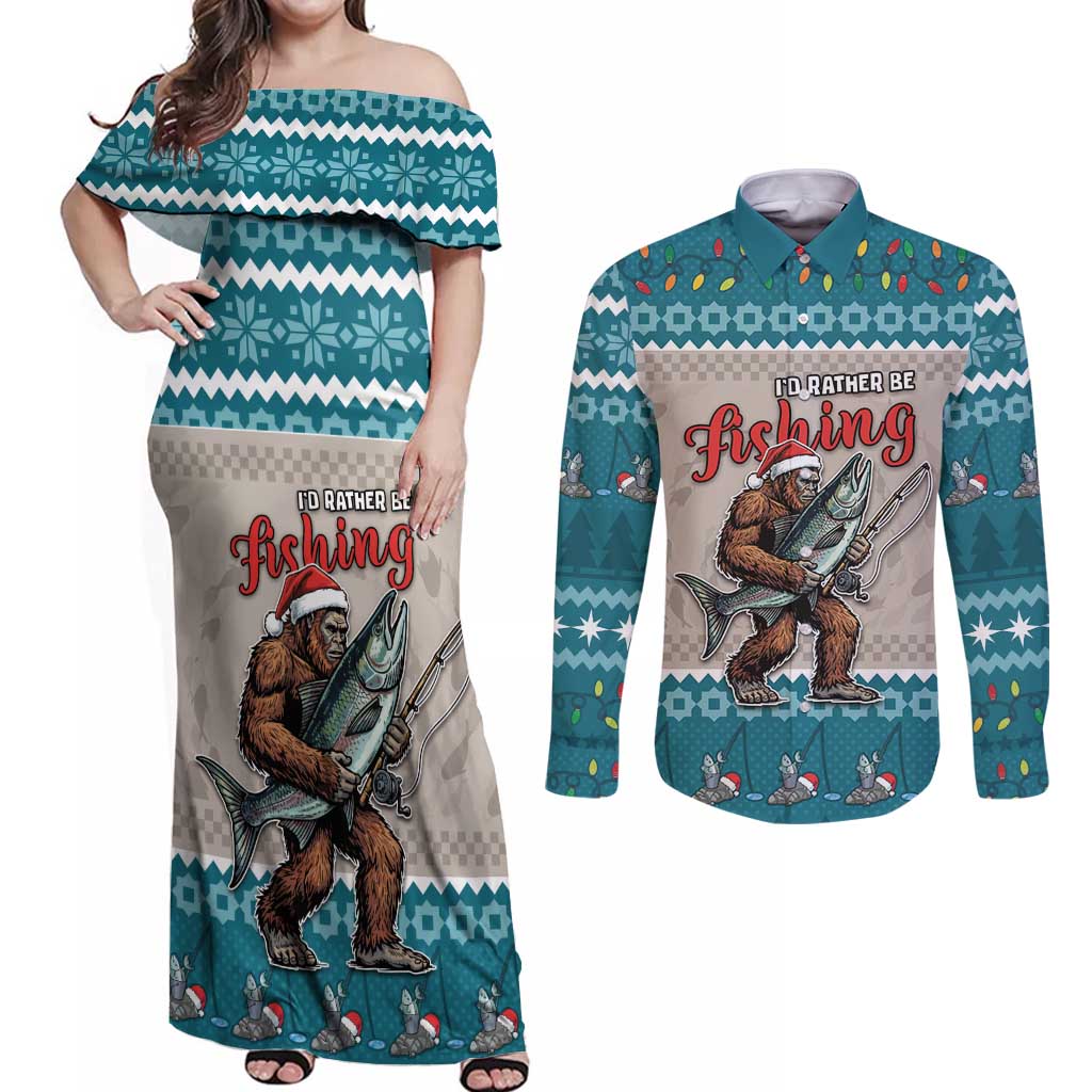 Bigfoot Fishing Christmas Couples Matching Off Shoulder Maxi Dress and Long Sleeve Button Shirt Funny Style - Wonder Print Shop