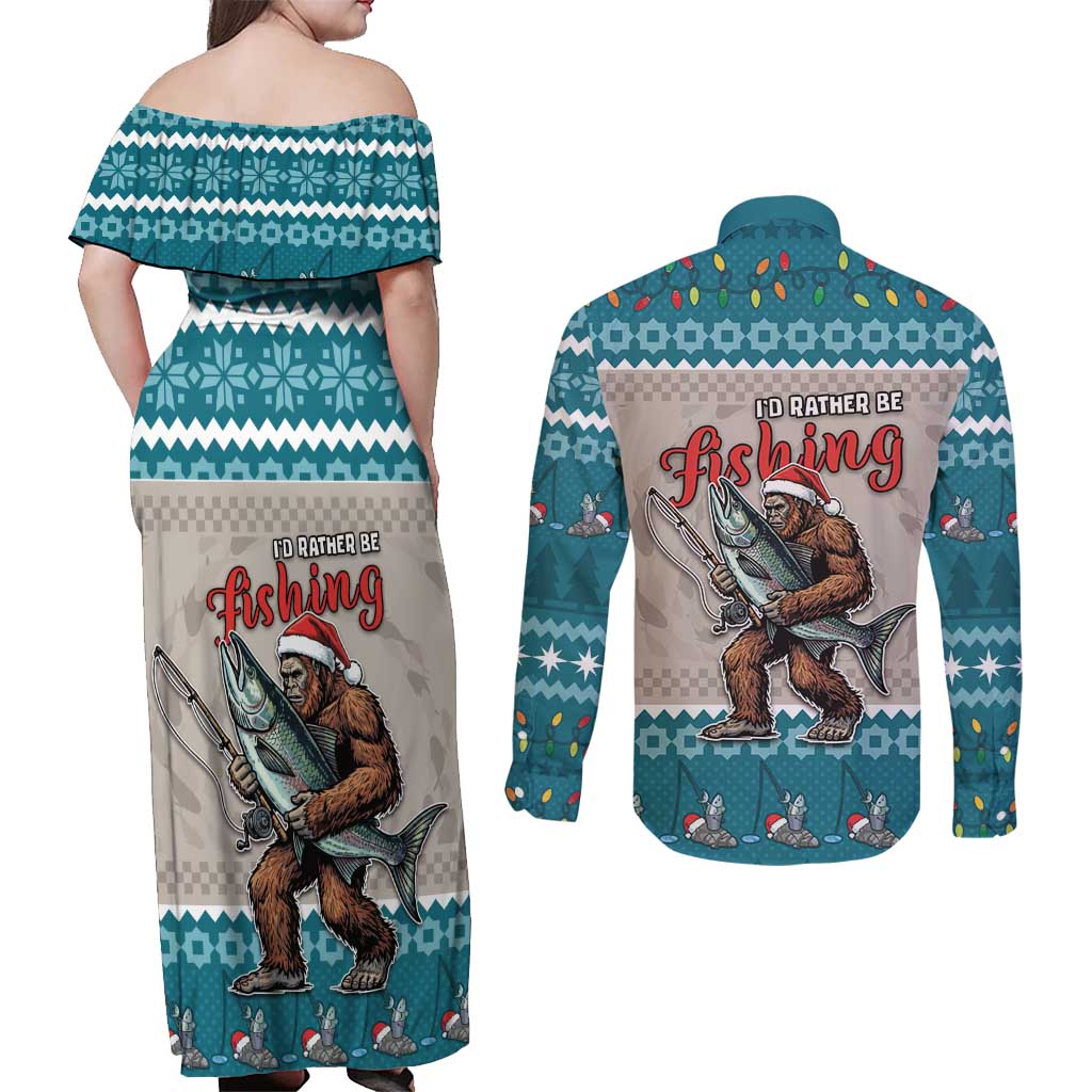 Bigfoot Fishing Christmas Couples Matching Off Shoulder Maxi Dress and Long Sleeve Button Shirt Funny Style - Wonder Print Shop