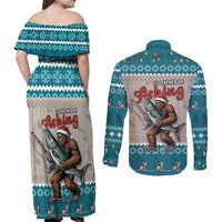 Bigfoot Fishing Christmas Couples Matching Off Shoulder Maxi Dress and Long Sleeve Button Shirt Funny Style - Wonder Print Shop