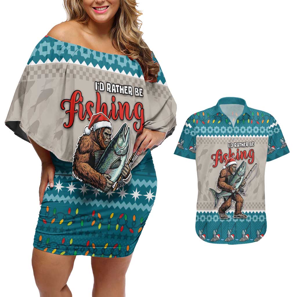 Bigfoot Fishing Christmas Couples Matching Off Shoulder Short Dress and Hawaiian Shirt Funny Style - Wonder Print Shop