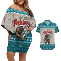 Bigfoot Fishing Christmas Couples Matching Off Shoulder Short Dress and Hawaiian Shirt Funny Style - Wonder Print Shop
