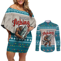 Bigfoot Fishing Christmas Couples Matching Off Shoulder Short Dress and Long Sleeve Button Shirt Funny Style - Wonder Print Shop