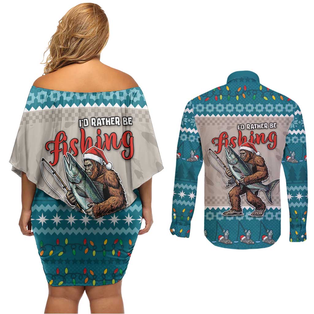 Bigfoot Fishing Christmas Couples Matching Off Shoulder Short Dress and Long Sleeve Button Shirt Funny Style - Wonder Print Shop