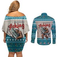 Bigfoot Fishing Christmas Couples Matching Off Shoulder Short Dress and Long Sleeve Button Shirt Funny Style - Wonder Print Shop