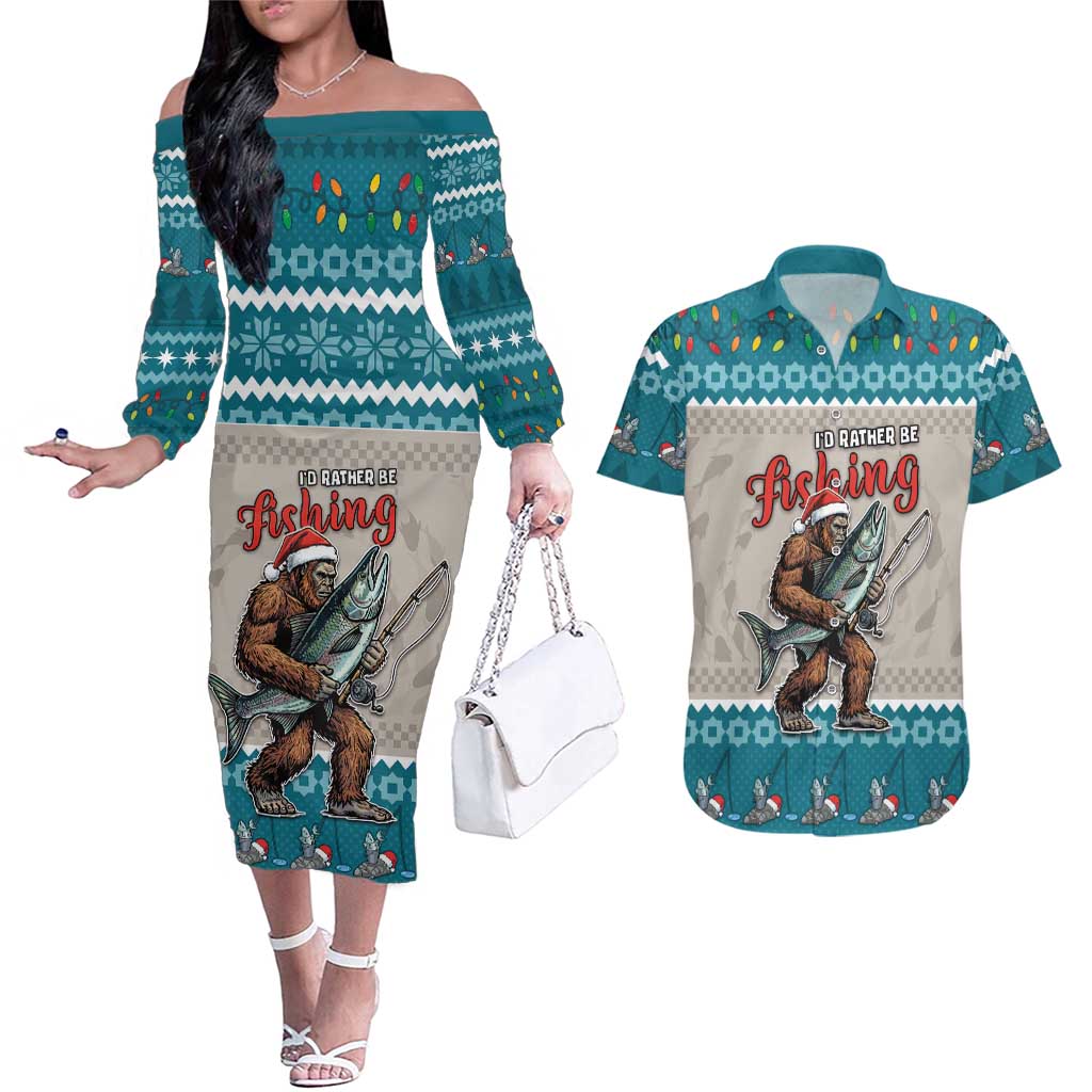 Bigfoot Fishing Christmas Couples Matching Off The Shoulder Long Sleeve Dress and Hawaiian Shirt Funny Style - Wonder Print Shop