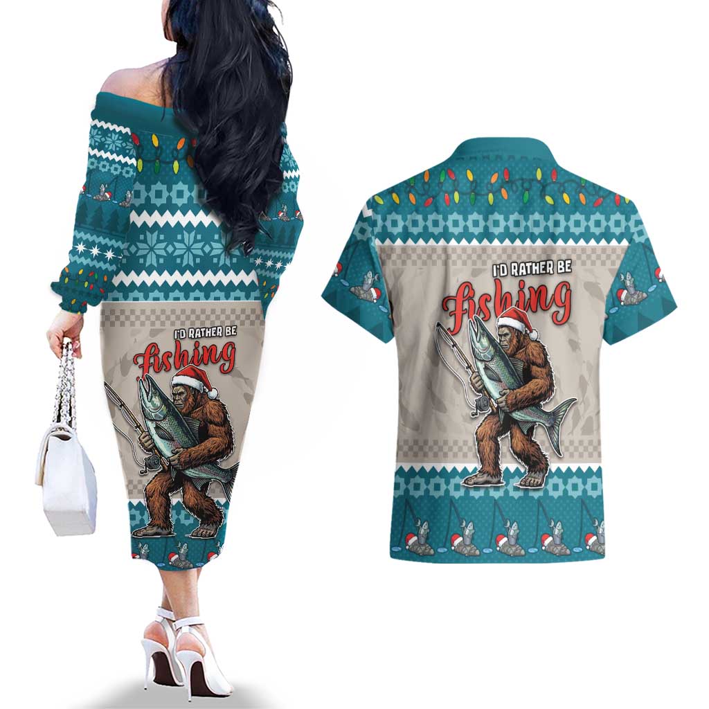 Bigfoot Fishing Christmas Couples Matching Off The Shoulder Long Sleeve Dress and Hawaiian Shirt Funny Style - Wonder Print Shop
