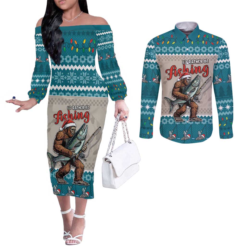 Bigfoot Fishing Christmas Couples Matching Off The Shoulder Long Sleeve Dress and Long Sleeve Button Shirt Funny Style - Wonder Print Shop