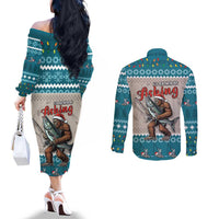 Bigfoot Fishing Christmas Couples Matching Off The Shoulder Long Sleeve Dress and Long Sleeve Button Shirt Funny Style - Wonder Print Shop