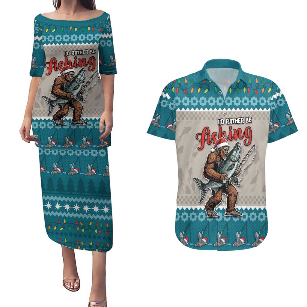 Bigfoot Fishing Christmas Couples Matching Puletasi and Hawaiian Shirt Funny Style - Wonder Print Shop