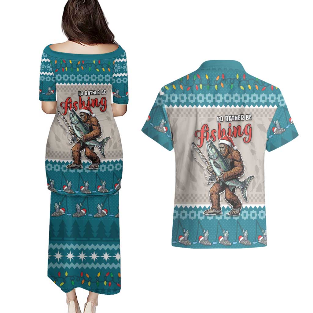 Bigfoot Fishing Christmas Couples Matching Puletasi and Hawaiian Shirt Funny Style - Wonder Print Shop