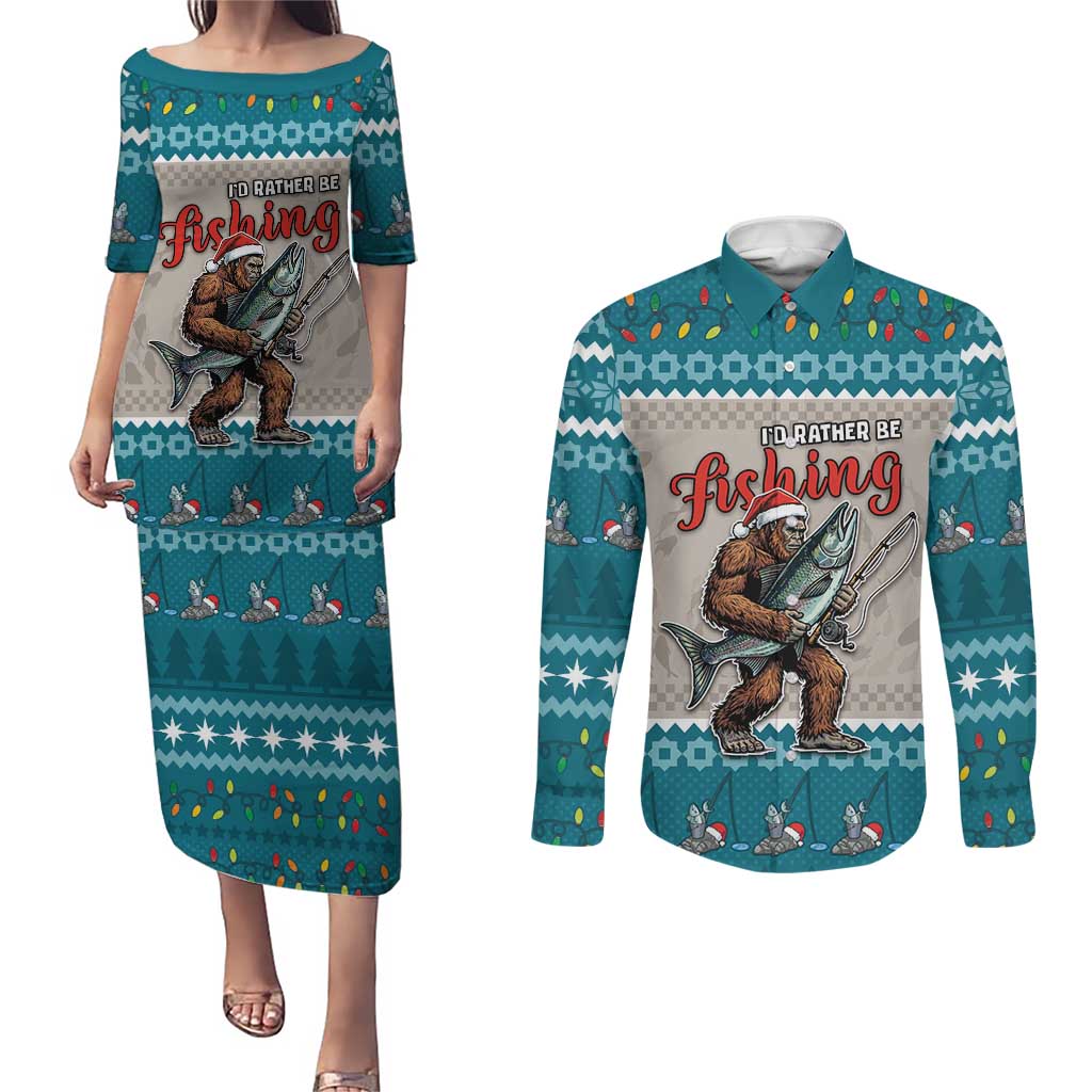 Bigfoot Fishing Christmas Couples Matching Puletasi and Long Sleeve Button Shirt Funny Style - Wonder Print Shop
