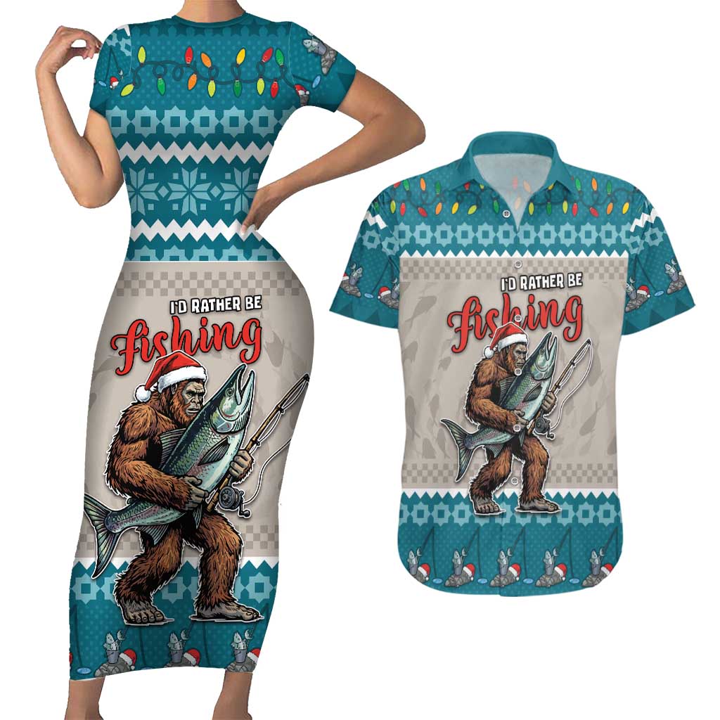 Bigfoot Fishing Christmas Couples Matching Short Sleeve Bodycon Dress and Hawaiian Shirt Funny Style - Wonder Print Shop