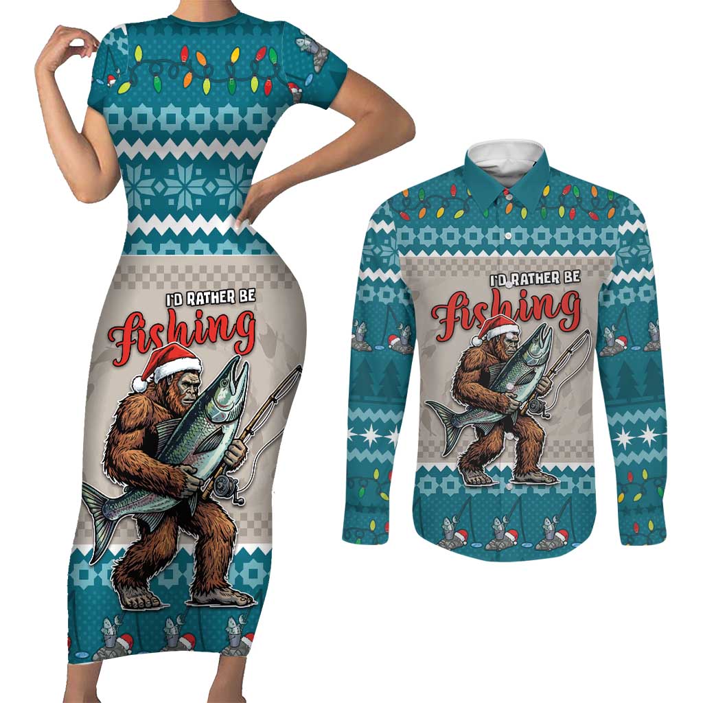 Bigfoot Fishing Christmas Couples Matching Short Sleeve Bodycon Dress and Long Sleeve Button Shirt Funny Style - Wonder Print Shop