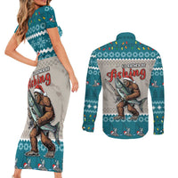 Bigfoot Fishing Christmas Couples Matching Short Sleeve Bodycon Dress and Long Sleeve Button Shirt Funny Style - Wonder Print Shop