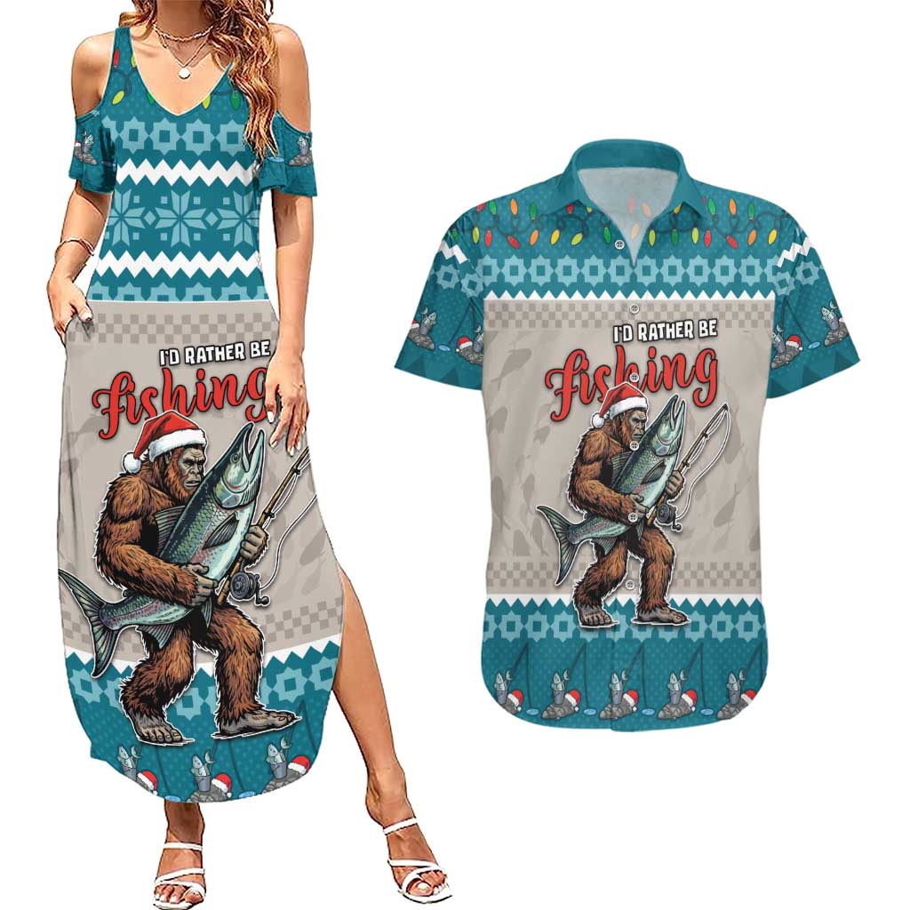 Bigfoot Fishing Christmas Couples Matching Summer Maxi Dress and Hawaiian Shirt Funny Style - Wonder Print Shop