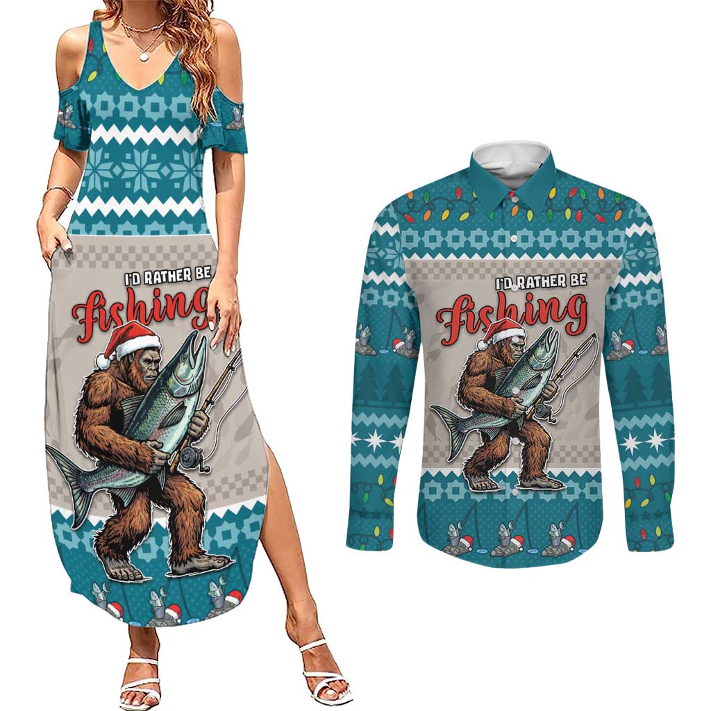 Bigfoot Fishing Christmas Couples Matching Summer Maxi Dress and Long Sleeve Button Shirt Funny Style - Wonder Print Shop