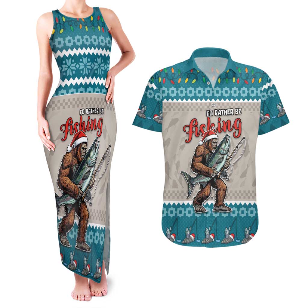 Bigfoot Fishing Christmas Couples Matching Tank Maxi Dress and Hawaiian Shirt Funny Style - Wonder Print Shop