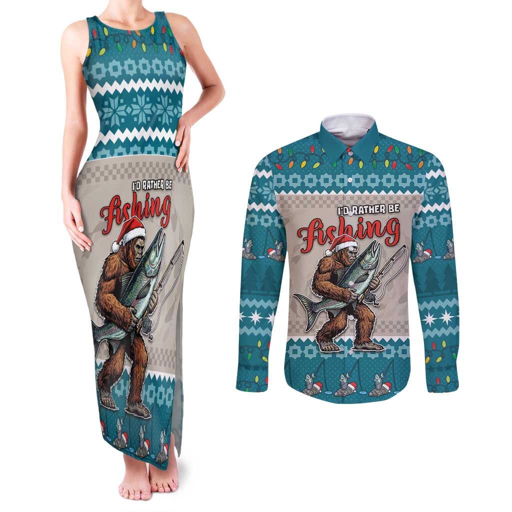 Bigfoot Fishing Christmas Couples Matching Tank Maxi Dress and Long Sleeve Button Shirt Funny Style - Wonder Print Shop