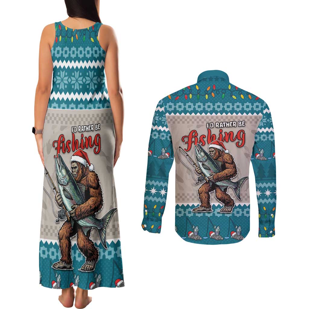 Bigfoot Fishing Christmas Couples Matching Tank Maxi Dress and Long Sleeve Button Shirt Funny Style - Wonder Print Shop