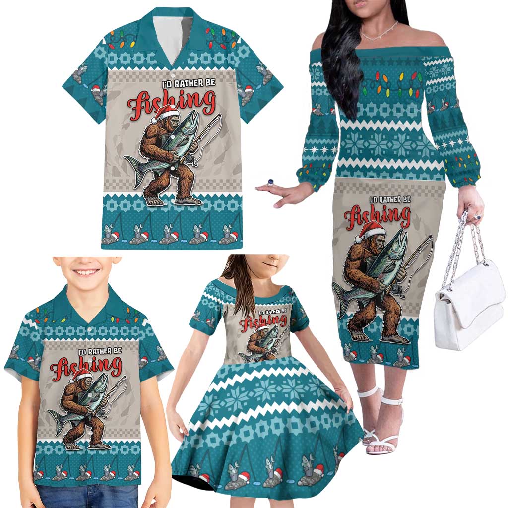 Bigfoot Fishing Christmas Family Matching Off The Shoulder Long Sleeve Dress and Hawaiian Shirt Funny Style - Wonder Print Shop