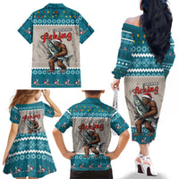 Bigfoot Fishing Christmas Family Matching Off The Shoulder Long Sleeve Dress and Hawaiian Shirt Funny Style - Wonder Print Shop