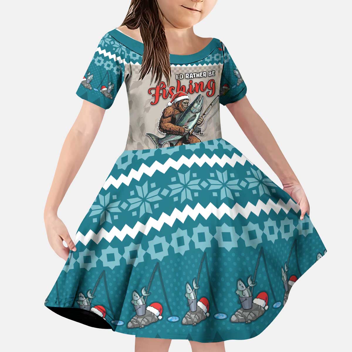 Bigfoot Fishing Christmas Kid Short Sleeve Dress Funny Style - Wonder Print Shop