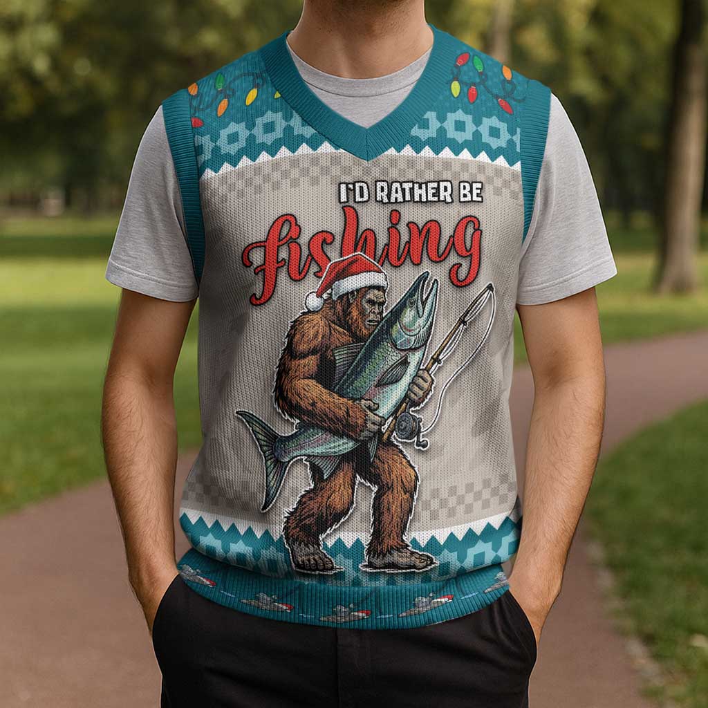 Fishing Christmas Knitted V-Neck Vest Bigfoot Xmas Funny Style - Wonder Print Shop