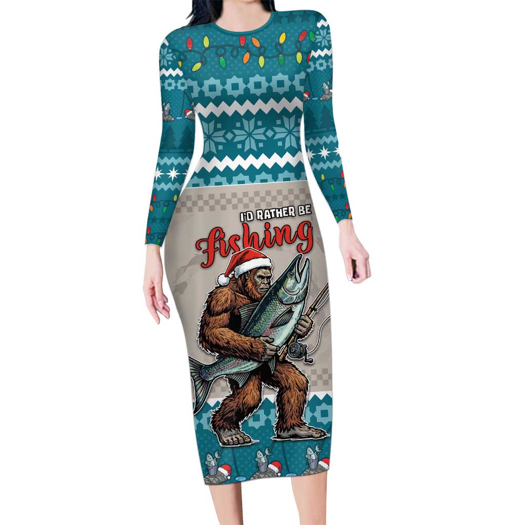 Bigfoot Fishing Christmas Long Sleeve Bodycon Dress Funny Style - Wonder Print Shop
